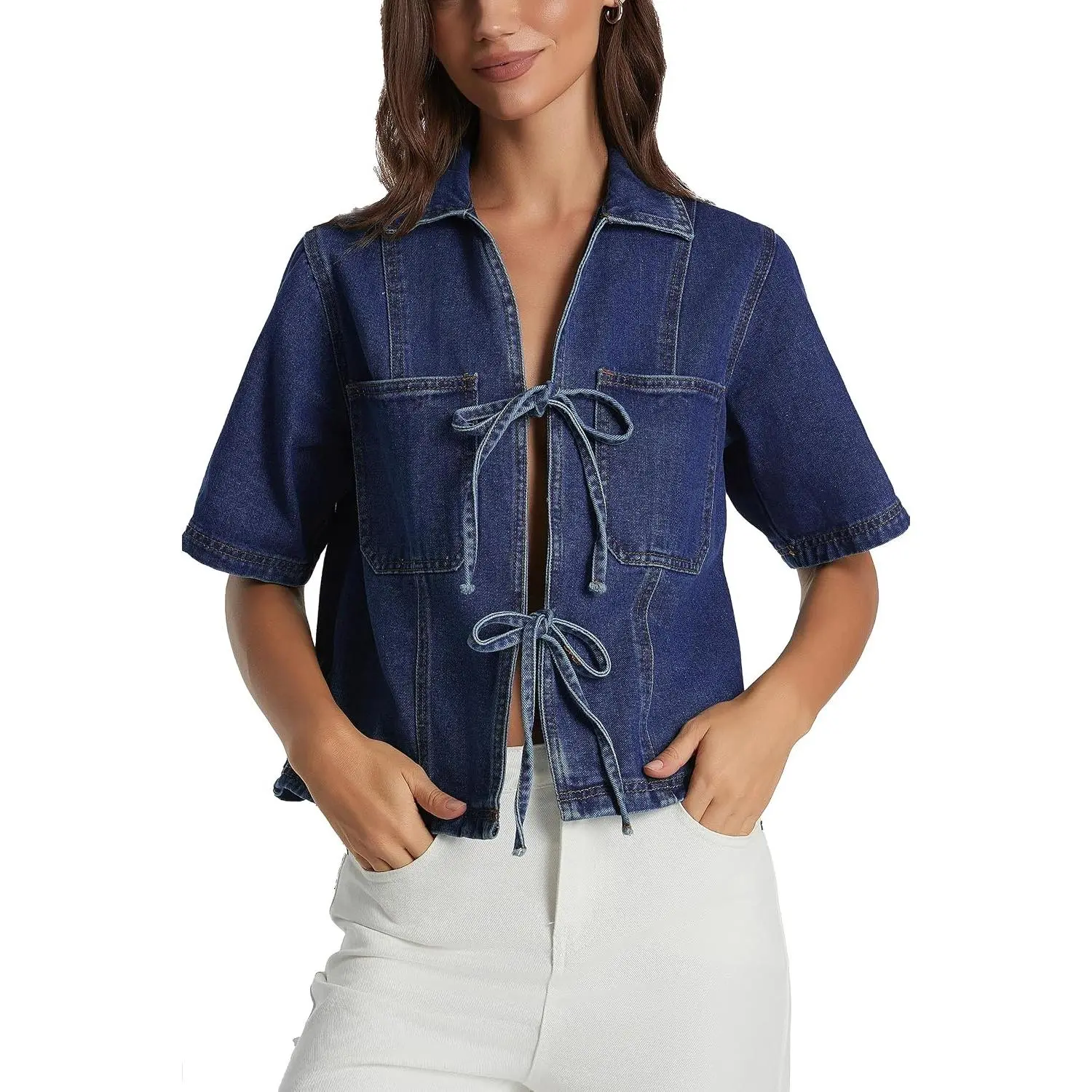 D-Sun Women's Basic Chic Cotton Denim Blouse - Casual Short Sleeve V-Neck Collared Tie-Front Bow, Comfortable Lady's Summer Top