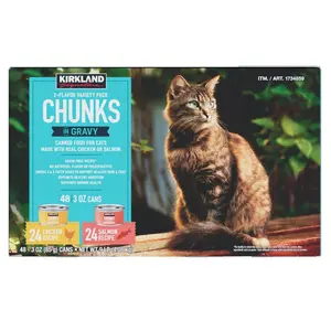 Kirkland Signature Chunks in Gravy Canned Cat Food Variety Pack 2-Flavor 3 oz 48-count Real Chicken & Salmon Grain-Free Omega 3 & 6