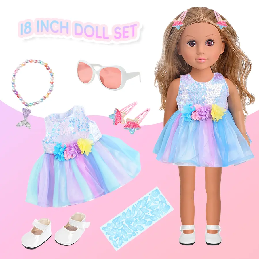 DEARBEI 18 Inch Girl Doll (18 Inch Height) with Fine Blond Hair, Blue Eyes, Floral Outfit, Denim Jacket, Sandals, Boots, Hair Bow, Handbag & Accessories for Imaginative Play