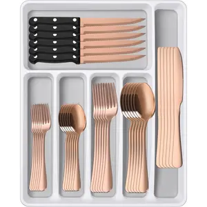 49-Piece Rose Gold Stainless Steel Silverware Sets With Organizer And Steak Knives Service For 8,Includes Knife Spoon And Fork Untensils Sets,Flatware Sets With Cutlery Tray