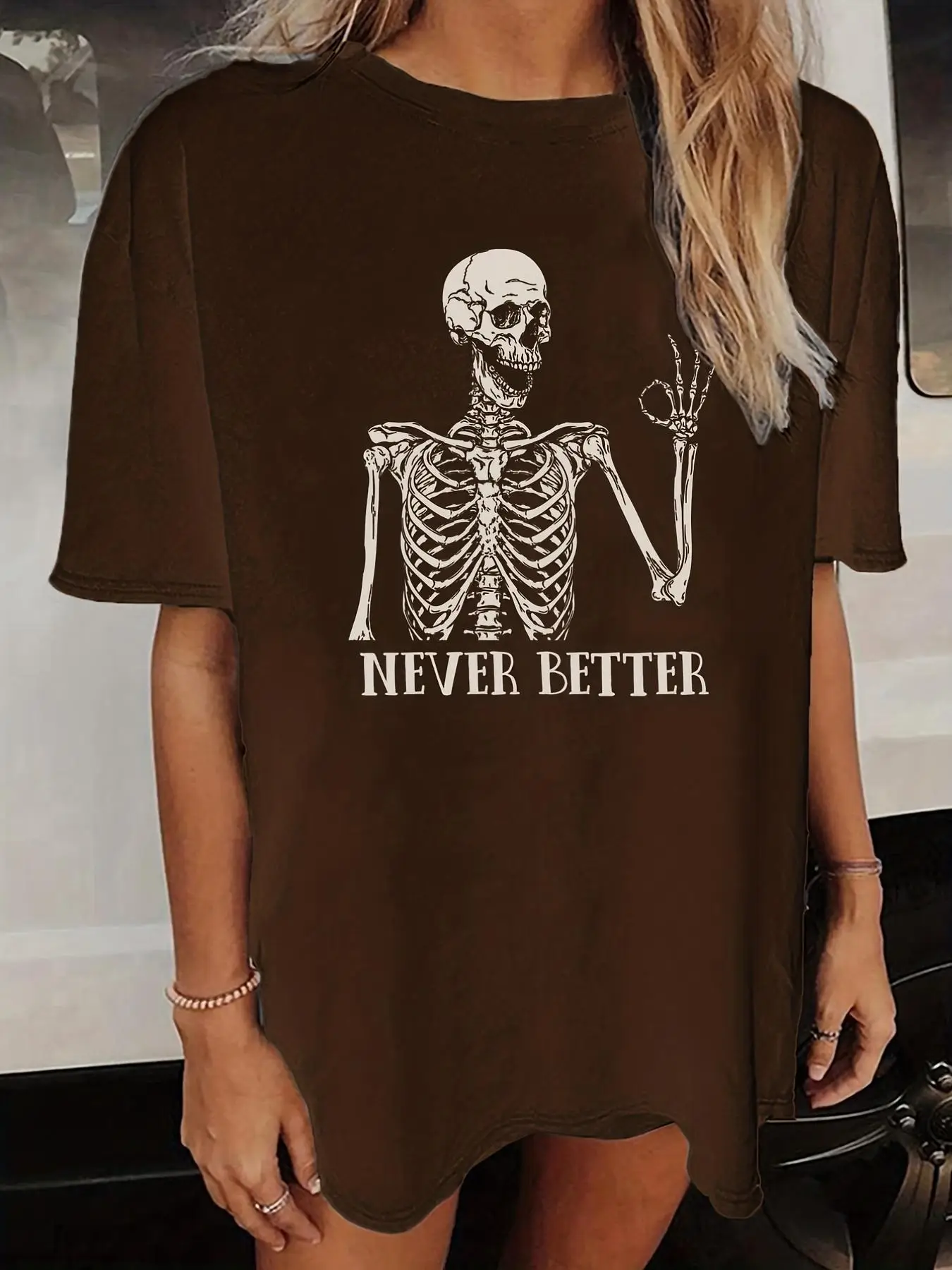 Women's Halloween Themed Skeleton & Letter Print Drop Shoulder Tee, Graphic Tees, Casual Half Sleeve Round Neck T-shirt, Fall Clothes Women, Lady Top