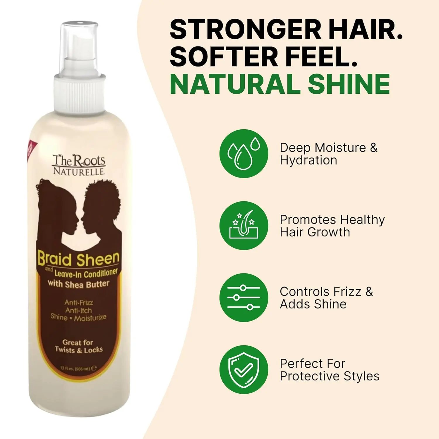 The Roots Naturelle Braid Sheen Braid Spray | 12 Fl Oz | Leave-in Conditioner with Shea Butter | Enriched with Vitamins and Essential Oils | Anti-Itch, Anti-Frizz | Great for Twists and Locs