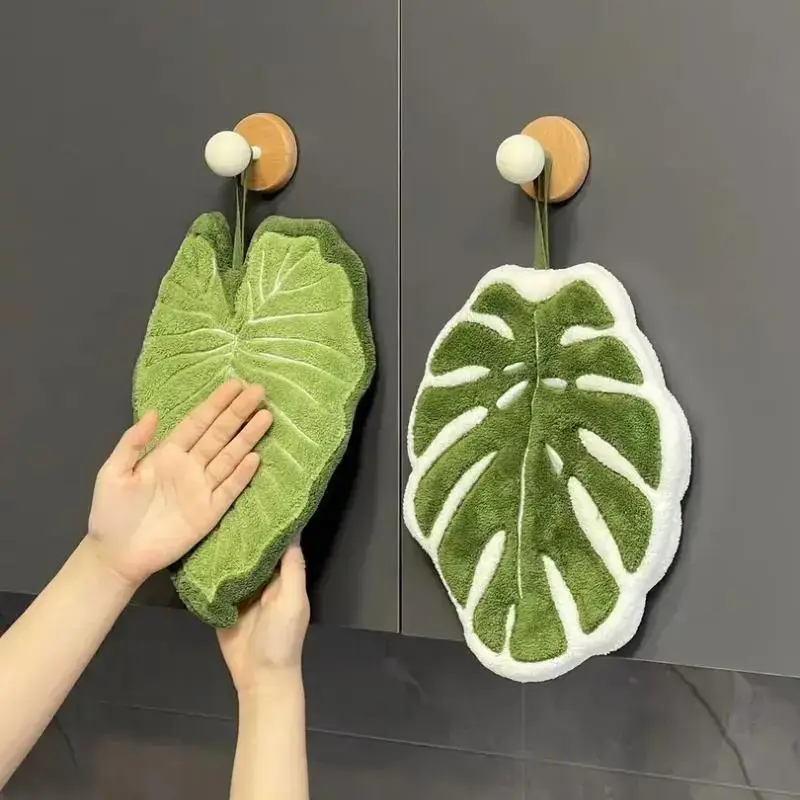 2PCS Monstera deliciosa hand towel, hanging coral fleece, heat-absorbing, plant-themed hand towel, kitchen towel, absorbent and lint-free;Mother's Day gift