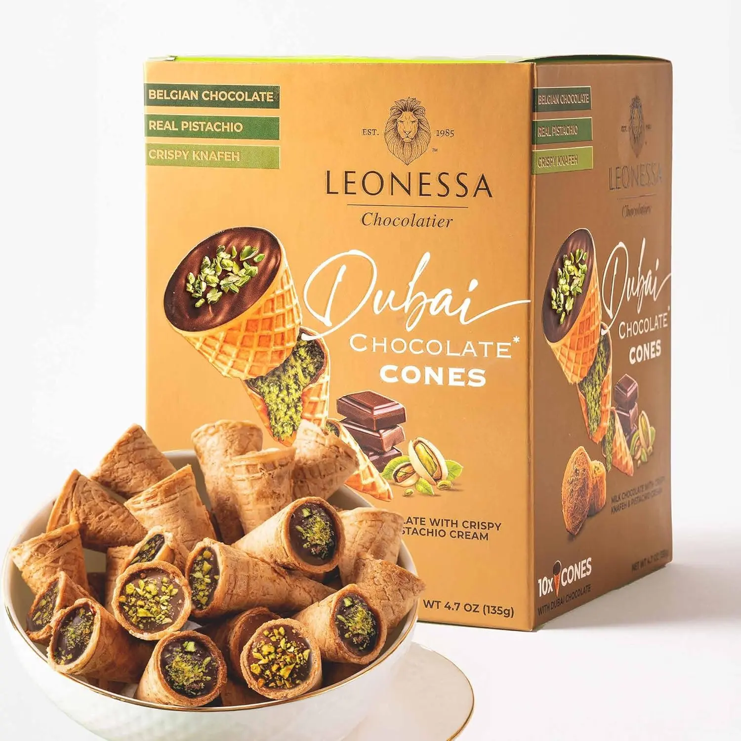 Leonessa Dubai Chocolate Cones with Pistachio Kunafa | Made with Premium Belgian Chocolates | Kunafa Chocolate | Chocolates de Dubai - 4.7 oz