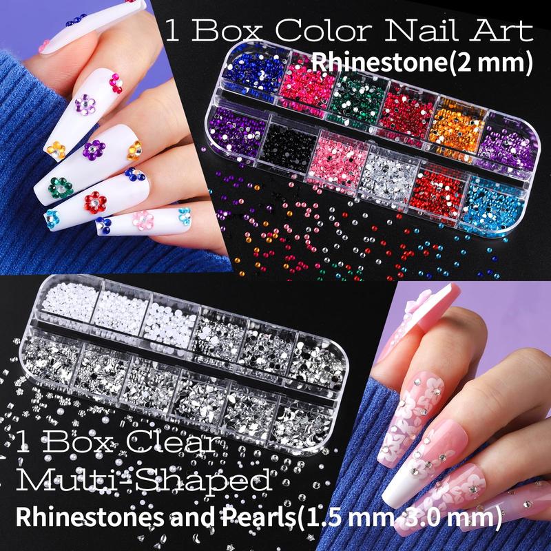 Nail Kit with Nail Charms and Nail Art Brushes Set, Nail Art Tools with 5 Boxes of 3D Nail Charms and Gems Rhinestones, 15 Pcs Nail Brushes, 5 Pcs Nail Dotting Tools, 2 Set of Nail Stand