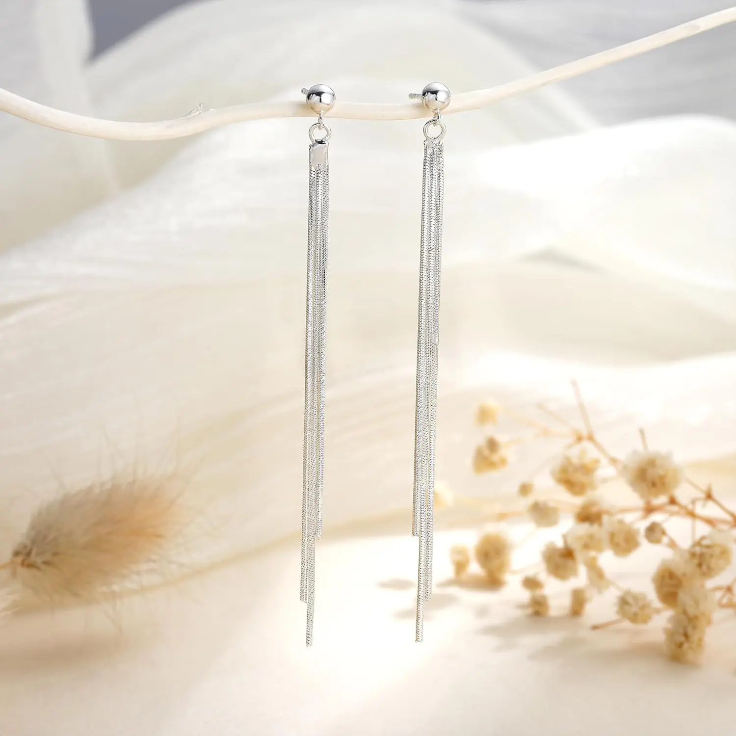 Silver-Plated Drop Earrings for Women, Dainty Long Chain Tassel Threaders with Faux Pearl Accent for Party