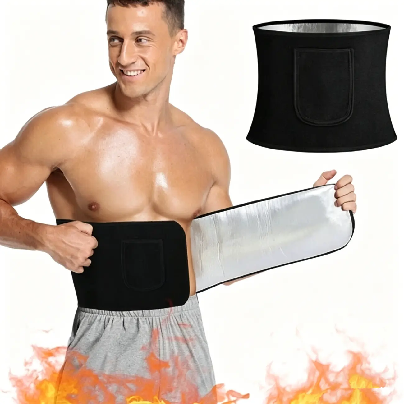 Neoprene Sweat Waist Trimmer Belt with Phone Pocket, Adjustable Lumbar Support Waist Trainer, Non-Slip Workout Body Shaper for Fitness, Postpartum & Daily Use, Black Silver