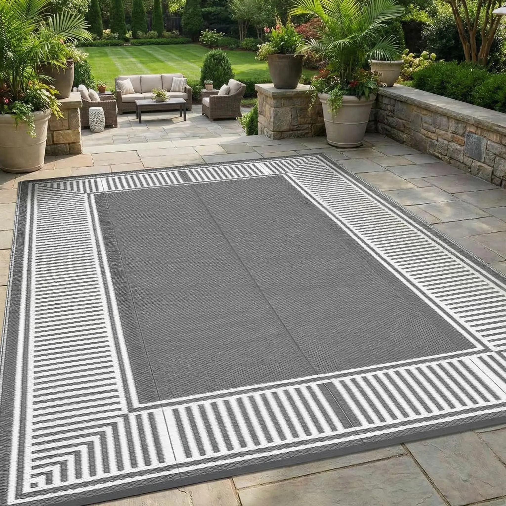 Multi-Size Eco-Friendly Large Outdoor Camping Rug - 10 ft x 14 ft Retro Look Bordered Reversible Plastic Straw Rug, Foldable Portable Patio/Deck Mat for Porch, Beach, Double-Sided