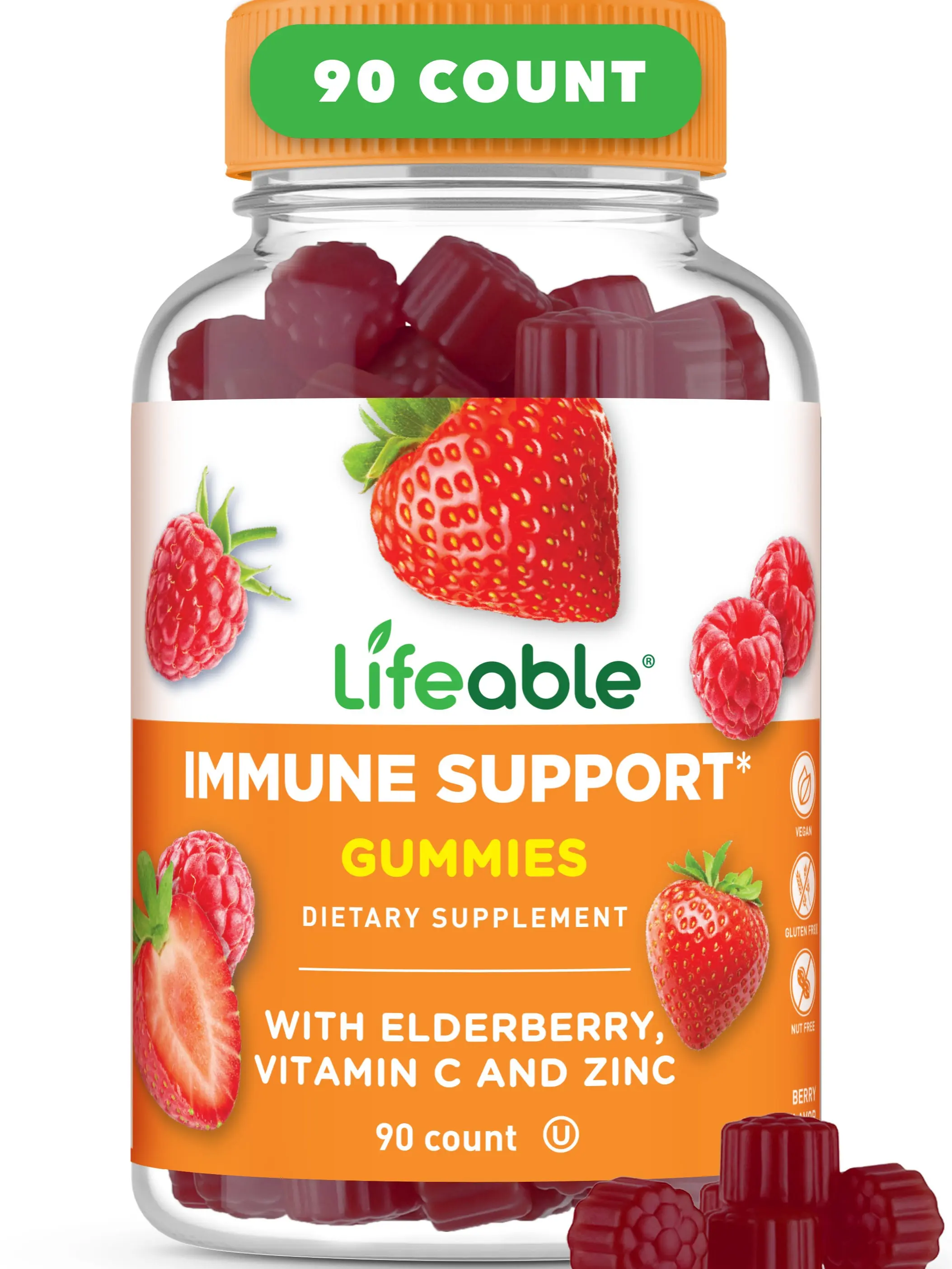 Lifeable Natural Chewable Adult Immune Support Supplements - Elderberry, Vitamin C, Zinc, Iron, 2 Gummies per Serving, 90 Count Bottle, Dairy Free, Boosts Immunity
