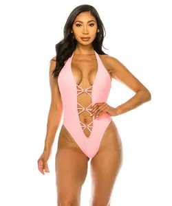 Women's One Piece Monokini Swimsuit with Deep V-neck and High Cut Leg - Sports & Outdoor Swimwear, Surfwear & Wetsuits - Sexy and Sleek Design