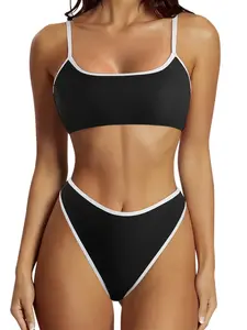 Women's Black Bikini Set White Piping Scoop Neck Adjustable Straps High Leg Swimsuit