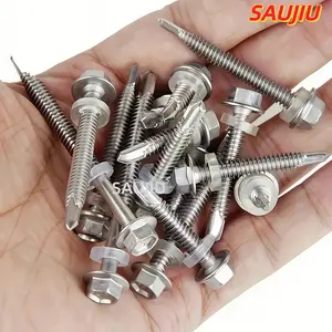 50 pieces of 410 stainless steel hex washer head TEK self-tapping screws, with free sockets, 5mm coarse thread, suitable for metal/furniture, magnetic, fully threaded right-hand rotation (4.8mm-19mm/0.75"-2"), bulk hardware fasteners