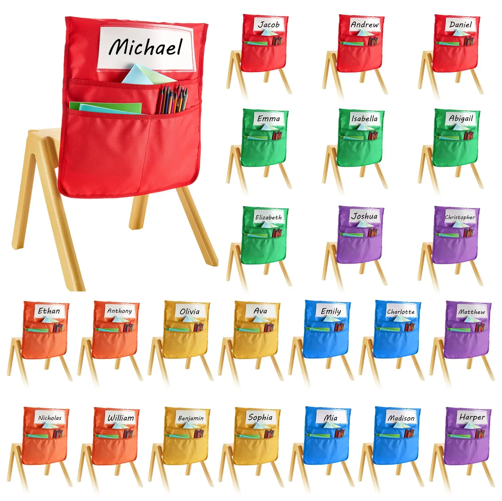 Classroom Chair Pockets (12-24 Pieces, 24-Piece Option) - 18 x 20 Inches 600D Oxford Fabric Kids Chairback Organizers with Name Tags, Double Stitching, 6 Bright Colors, Durable Design, Easy to Clean for Organized Learning, Back to School Gifts, Colorful