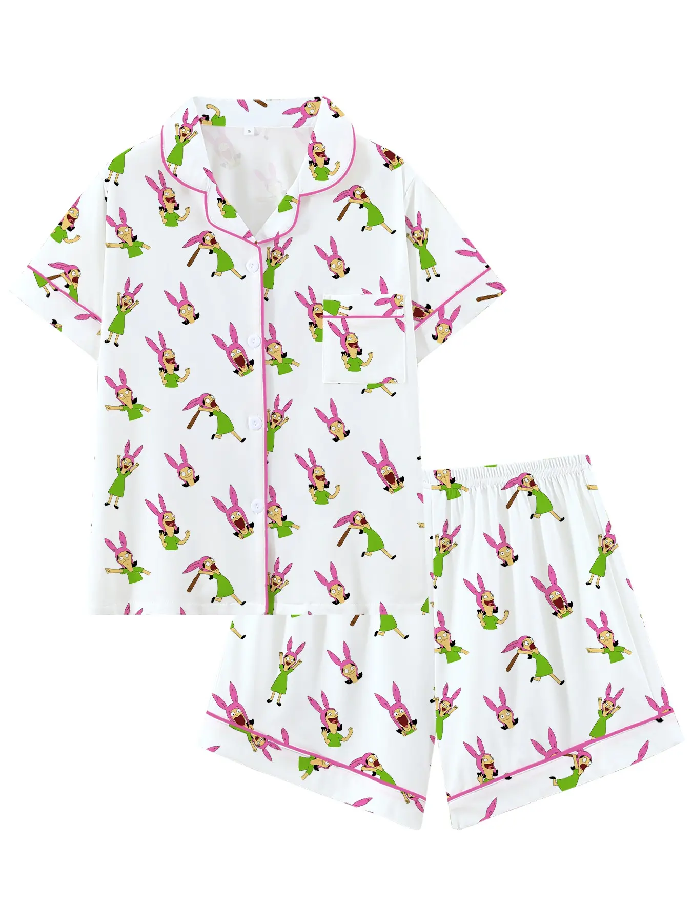 Bobs Burgers Family Louise Cute Burger Collar Short Sleeve Pajama Set Pjs, Comfortable Sleepwear Loungewear and Homewear Lounge Clothes for All Seasons, Party Gift, Collared Pajama Set, Pajama Lounge Sets
