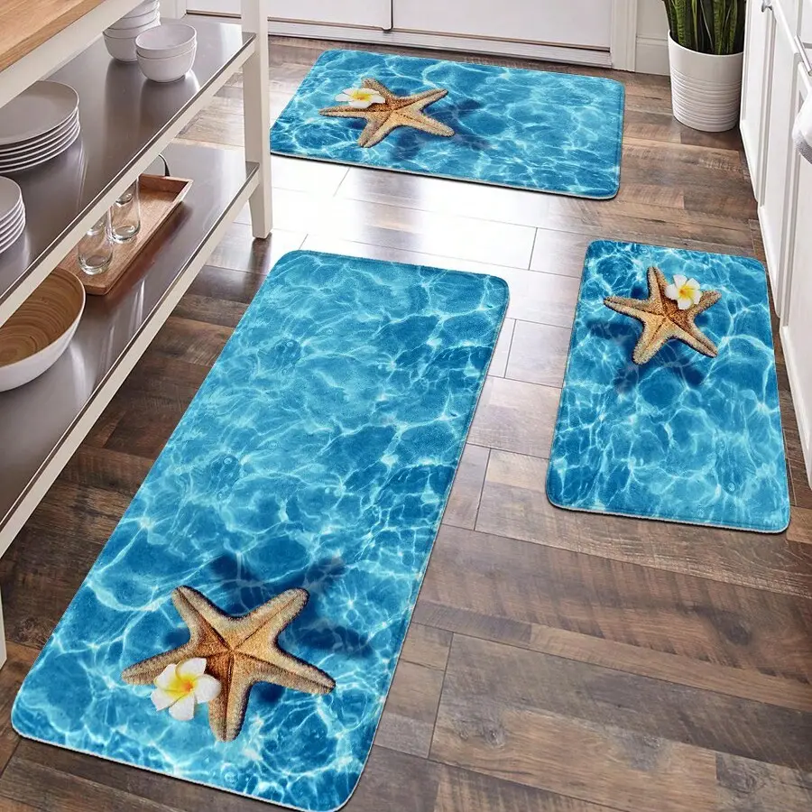 Beach Starfish Shell Pattern Rug, Room Decor, Home Decor Rugs, Bathroom Mat, Decorative Mat, Non-Slip Kitchen Mat, Door Mat, Hallway Mat, Soft Velvet Surface