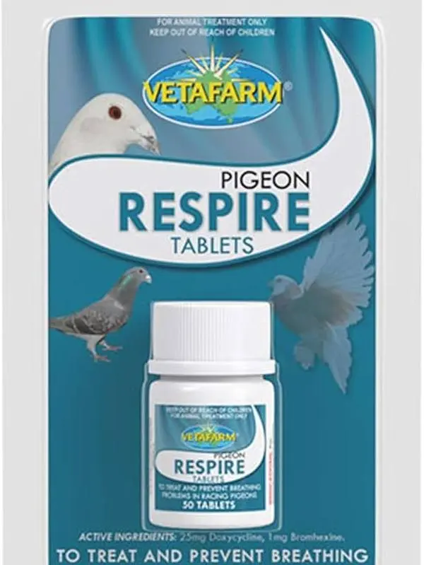 Vetafarm Respire Tablets - 50-Count, 50g Bird Healthcare Supplement, Convenient Respiratory Aid for Pigeons & Birds, Maintains Health, Prevents & Treats Breathing Issues