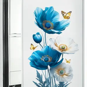 1 piece, blue flower wall sticker, flower butterfly, 2D flat sticker, Floral pattern sticker, suitable for living room, bedroom, kitchen, door wall, home background wall decoration PVC removable self-adhesive sticker