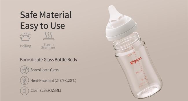 Pigeon Glass Nursing Baby Bottle (Pack of 2) Wide Neck, Anti-Colic, Streamlined Body, Natural Feel, Easy to Clean, (0m+) baby registry essential Heat-Resistant, 5.4 Oz, Includes 2pcs SS Nipples