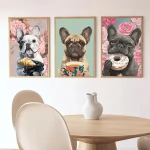 3 Pieces Funny Animals Eating Pasta Pizza Burger Dessert Art, Kitchen Wall Mural, Cute Humorous Home Art, Childlike Gallery Decor, Warm Tone Poster, Wall Decor for Kitchen and Dining Room, Framed or Unframed.