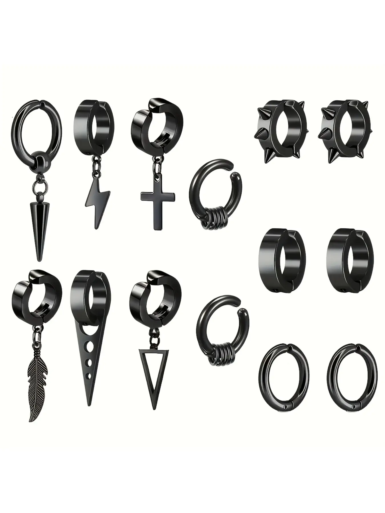 14 Piece Stainless Steel Punk Hip Hop Earrings Set, Gun Spikes Cross Studs Clip on Long Chain Pendant Rings, Unisex Daily Wear Party Gift Jewelry, Fashionable Jewelry Accessories, Ear Accessories