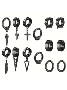 14 Piece Stainless Steel Punk Hip Hop Earrings Set, Gun Spikes Cross Studs Clip on Long Chain Pendant Rings, Unisex Daily Wear Party Gift Jewelry, Punk Style Earrings, Studded Cross Earrings