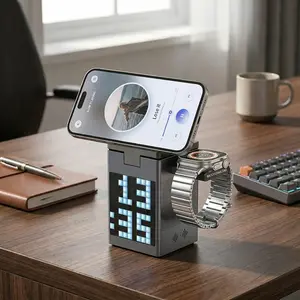 6-in-1 Charging Station for Apple Devices,  15W Magnetic Wireless Charger Stand with Bluetooth Speaker, Digital Alarm Clock, Pixel Display, Compatible with MagSafe iPhone Series, Apple Watch & AirPods - March Madness, Spring Break, World Cup, Easter