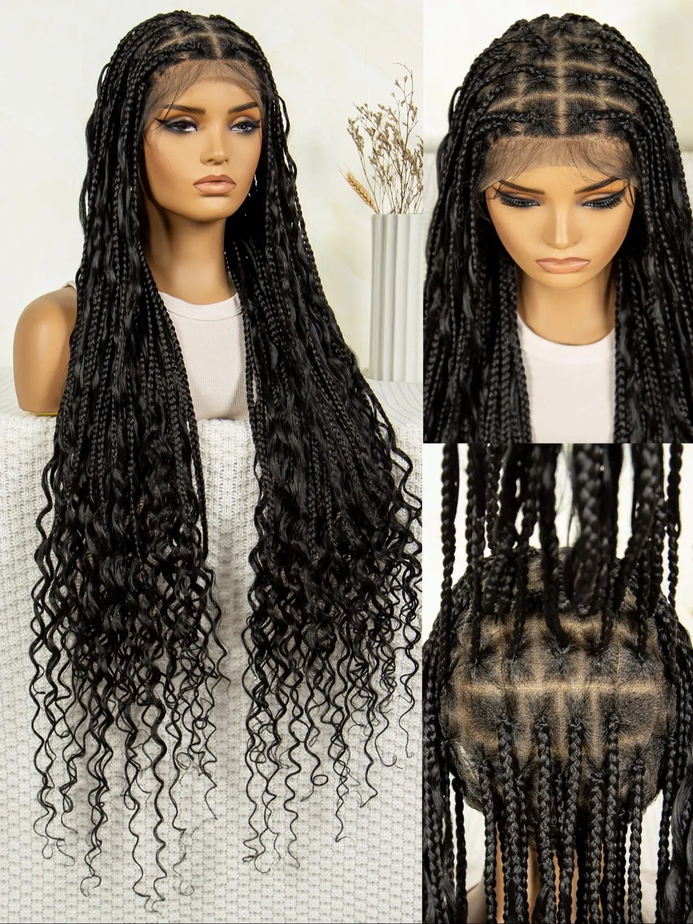 38 Inch Curly End Bohemian Braided Wig, 200% Density Wavy 