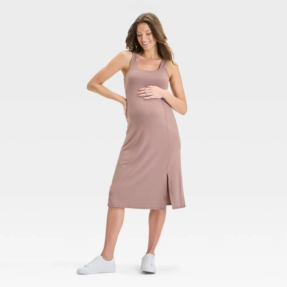 Slit Active Midi Maternity Dress - Isabel Maternity by Ingrid & Isabel Taupe L: Recycled Polyester Spandex Sleeveless Scoopneck