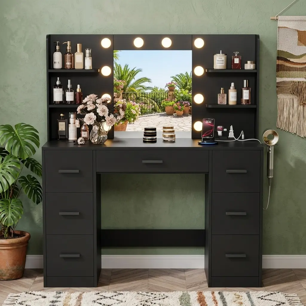 Black Built-in LED Light Bar Makeup Vanity Table with Large Adjustable Mirror, Power Outlets, 7 Drawers, 6 Storage Shelves, Multifunctional Dressing Desk for Bedroom, Dressing Room, Built-In Led Light Bar Makeup Vanities