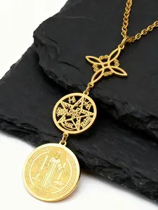 Triple Protection Necklace Stainless Steel Catholic & Jewish Spiritual Amulet with St Benedict Medal Witchcraft Knot Pentagon Star Charm Charms Necklace