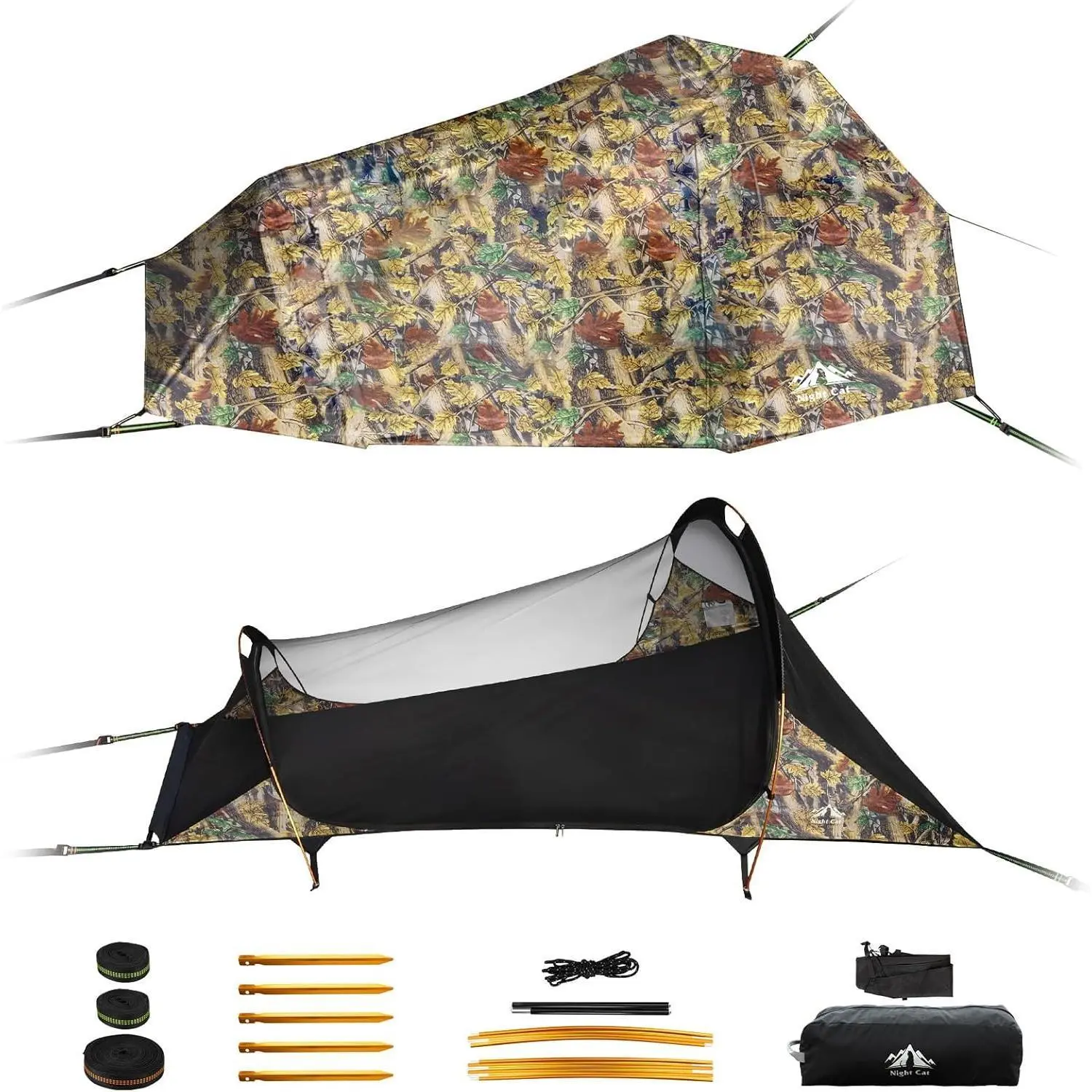 Night Cat Flat Lay Hammock Tent: Portable Lightweight Camping Hammock with Mosquito Net Waterproof Rainfly for Adults 1 Person Outdoor Camping Camouflage