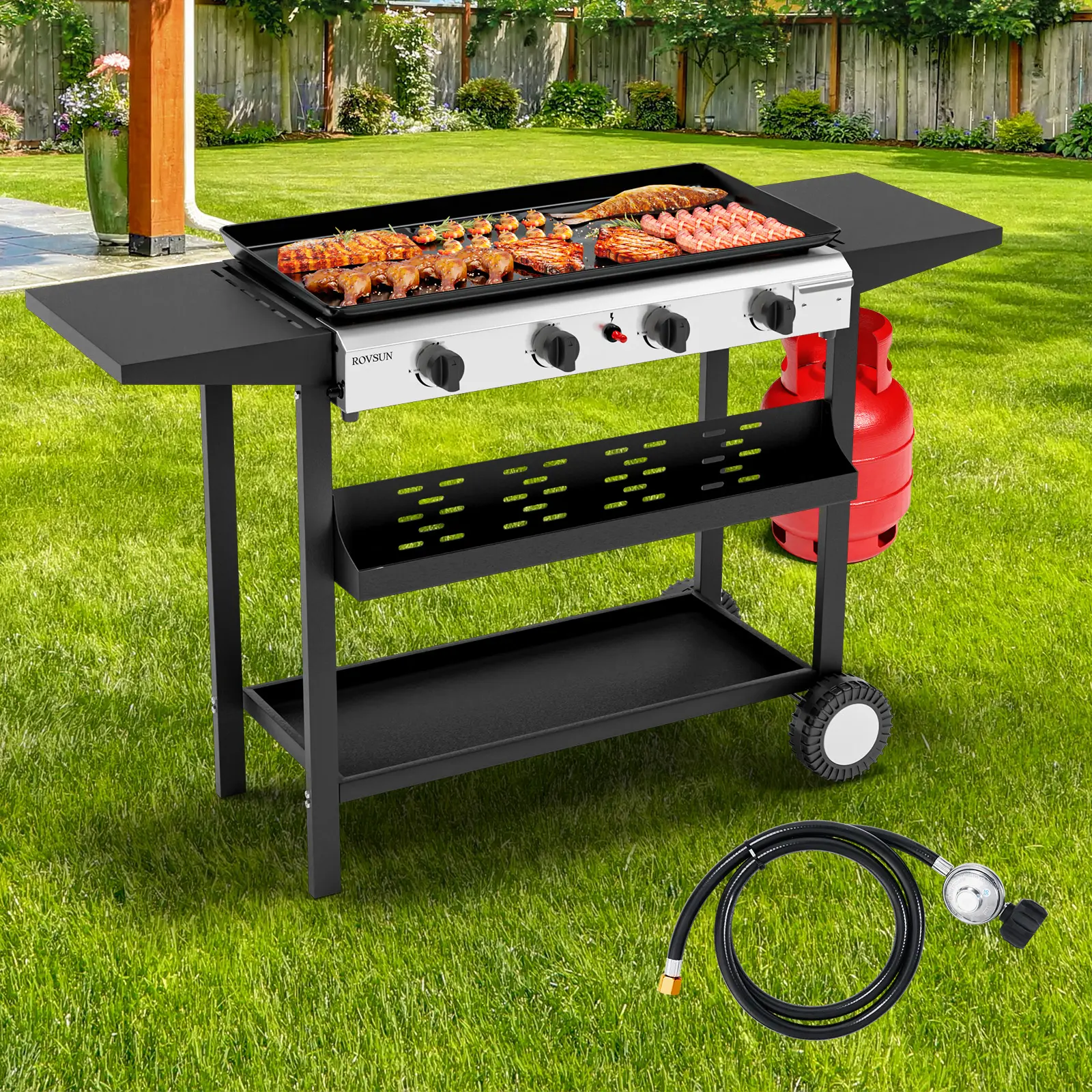 ROVSUN 40K BTU Portable Flat Top Grill - 4 Burner Propane Griddle with Nonstick Tray & Electronic Ignition | Foldable Side Shelves, Wheels for Camping, Tailgating, Backyard BBQ