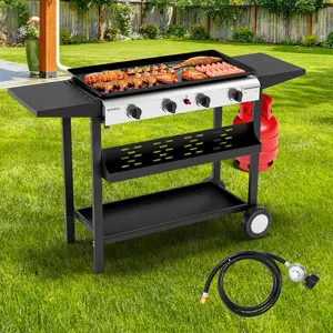 ROVSUN 40K BTU Portable Flat Top Grill - 4 Burner Propane Griddle with Nonstick Tray & Electronic Ignition | Foldable Side Shelves, Wheels for Camping, Tailgating, Backyard BBQ
