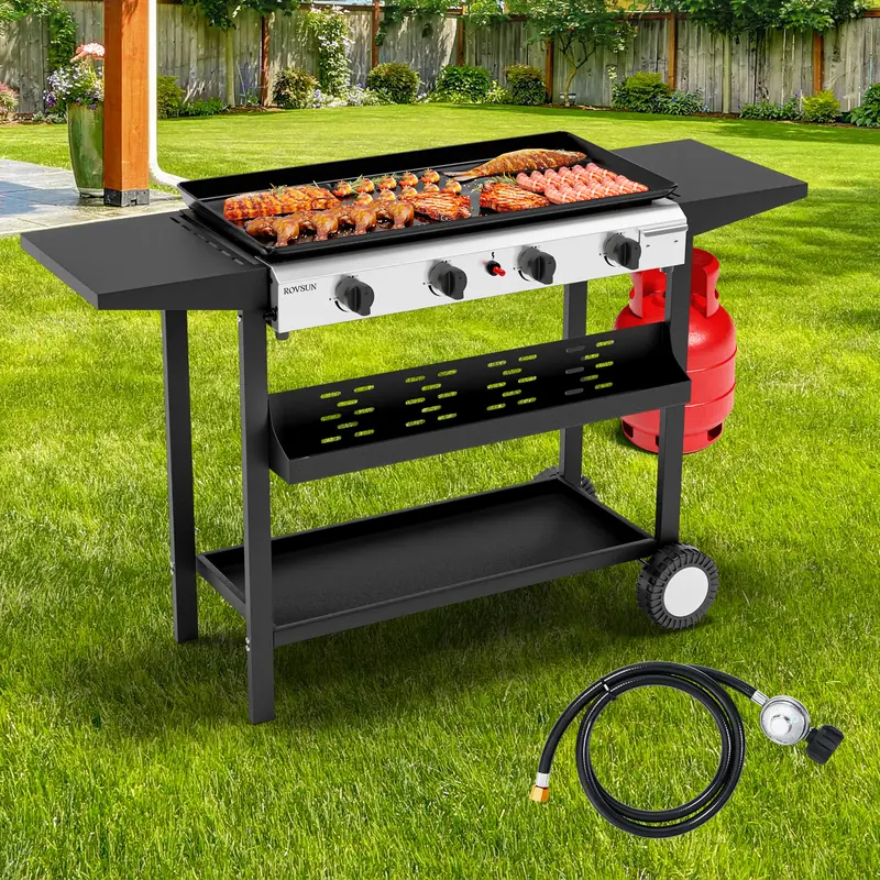 ROVSUN 40,000 BTU Stainless Steel Square Portable Flat Top Propane Grill Stove - 4 Burners, Nonstick Oil Tray, Electronic Ignition, Foldable Side Shelves, Transport Wheels, Adjustable Flame Size, Portable Kitchen for Backyard BBQ, Camping