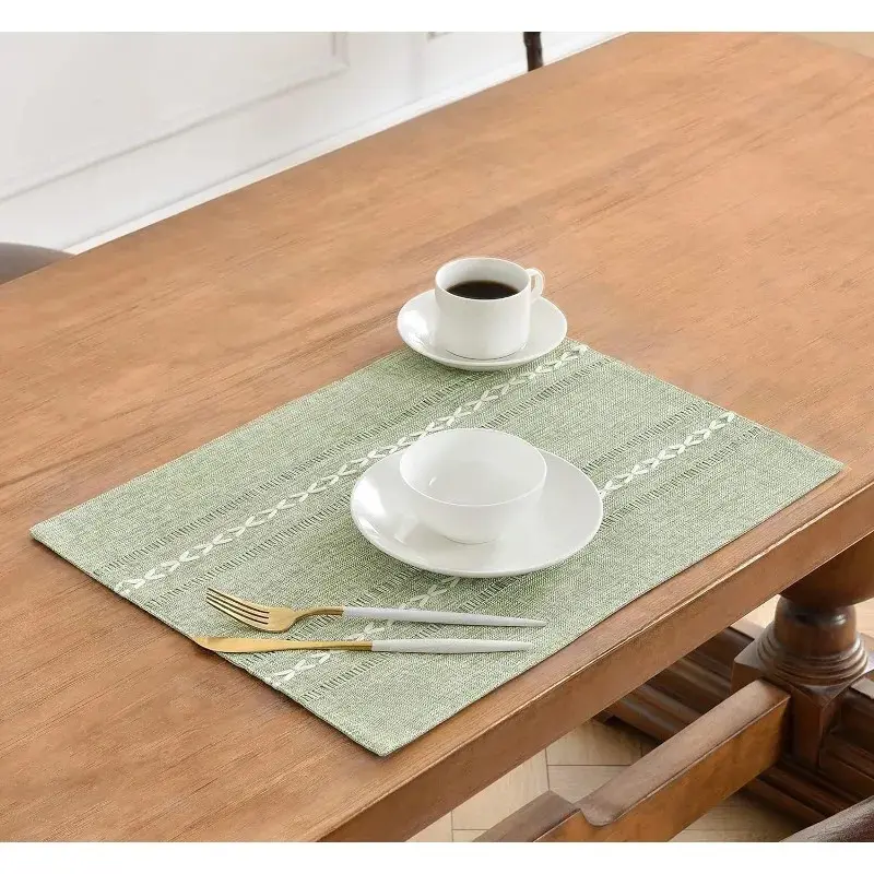 1/4pcs Cotton Linen Placemats Party Fete Placemats Rustic Hemstitch Place Mats for Kitchen Table and Heat Resistant-Sage Green