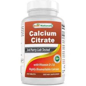 Best Naturals Calcium Citrate with Vitamin D3 240 Tablets Non-GMO Gluten-Free Lab Tested Pure Quality USA Made