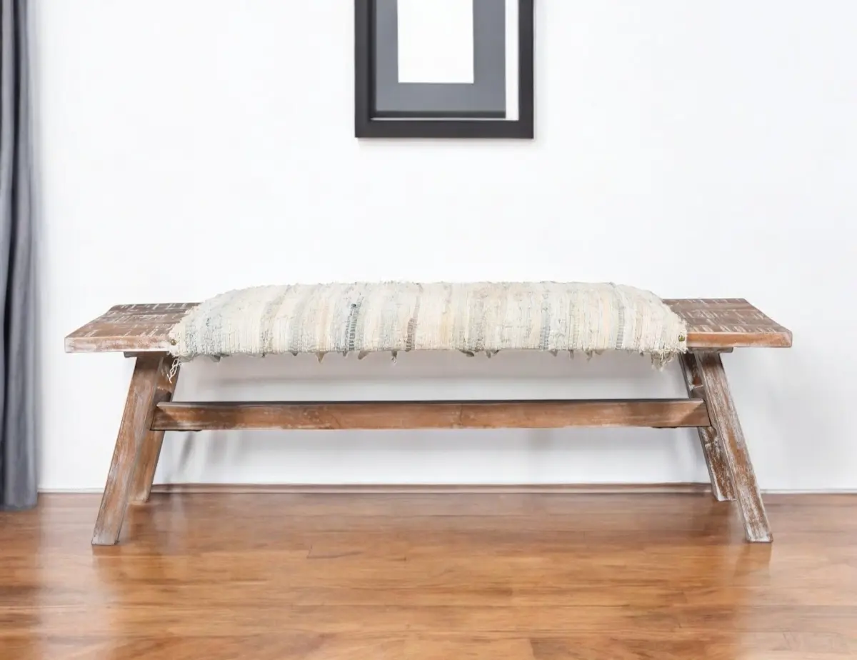HomeRoots 548263 50 in. White & Brown Cotton Upholstered Striped Bench, Entryway Decor, Bohemian, Two-Seater
