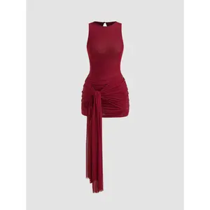 Cider Mesh Draped Ruched Knotted Mini Dress Dealsforyou