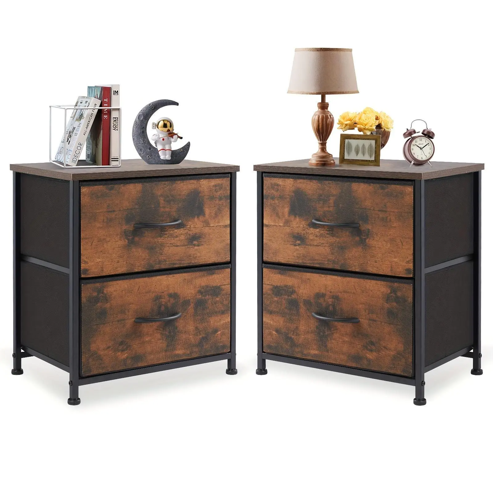 2 Storage Drawers In 20" Height Small Bed Side Furniture End Desk, 1pc Or Set Of 2pcs Nightstand With 2 Wooden Top Fabric Cabinet Mini Dresser For Storage And Organization, Bedroom, Room Decor, Car Accessories, Storage Drawer Units
