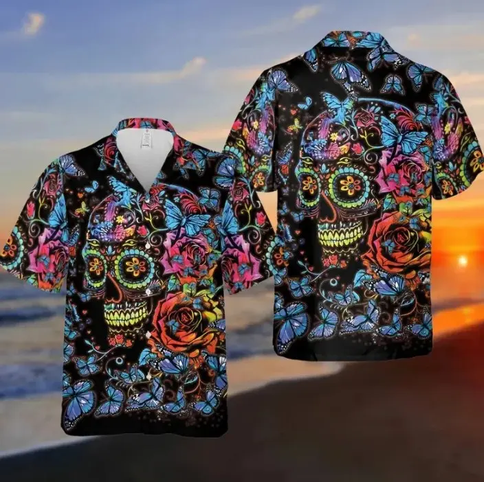Skull Floral Hawaiian Shirt, Gothic Aloha Shirt, Tropical Button Up Shirt, Summer Beach Vacation Shirt, Unisex Gift