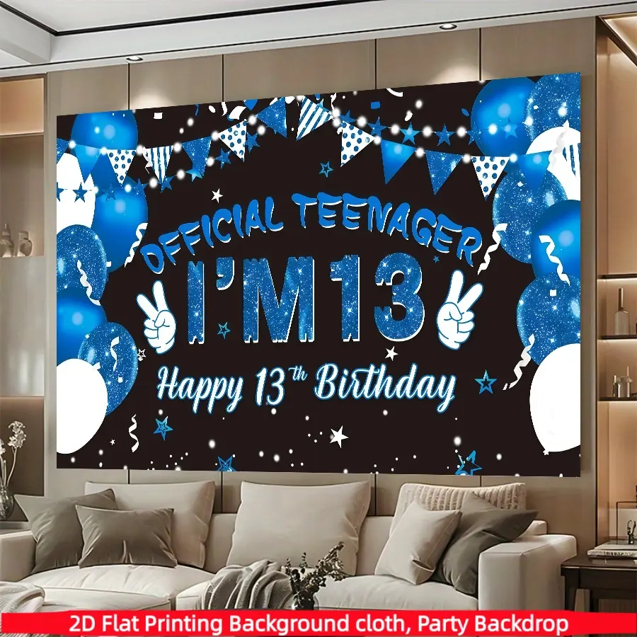 13th birthday background banner, Official Teenager I'm 13 banner, Party Decorations Banners, made of polyester material, suitable for birthdays, anniversaries, home decoration, outdoor and indoor parties, photography background cloth