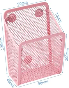 Magnetic Pencil Holder Mesh Stainless Steel Pen Basket Metal Writing Utensil Storage Organizer for Whiteboard Blackboard Kitchen Locker Home or Office 90mm x 70mm x 130mm Pink