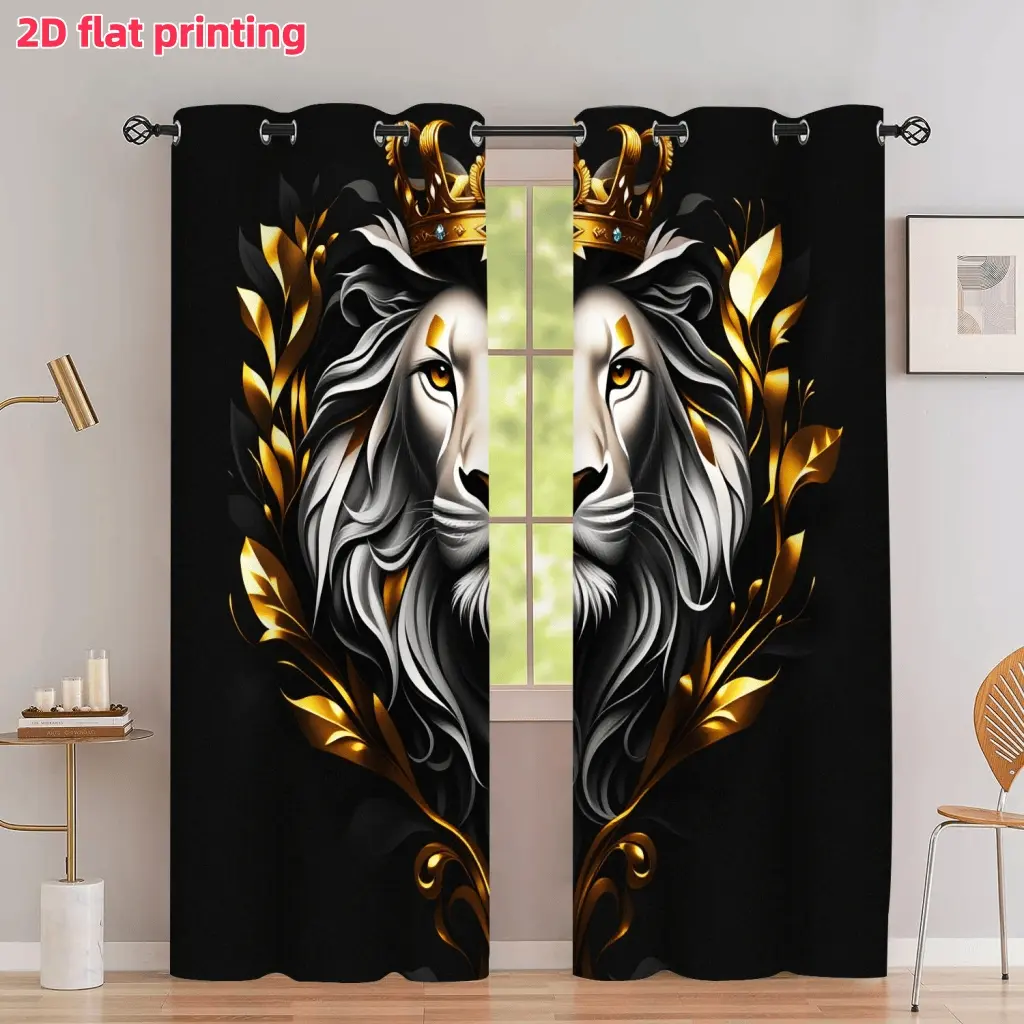 2D Flat 2Pcs Majestic Golden Crowned Lion King Art Window Curtains, Royal Animal Portrait Sunshade Drape with Metal Grommets, Luxury Home Decor for Living Room Bedroom Office Balcony Study, Privacy Protection Treatment
