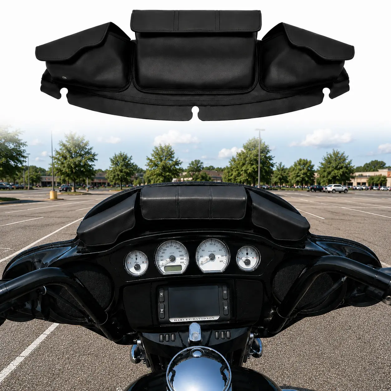 3-Pocket Black Fairing Pouch Windshield Bag for Harley Touring Street Glide Electra Glide Ultra Limited Tri Glide FLHX FLHXS FLHTCU FLHTK FLHTKL FLHTCUTG 2014-2018, PU Leather Batwing Fairing Storage Organizer with Magnetic Closures, motoparts
