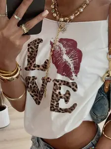 Women's Leopard Letter Print Off-Shoulder T-Shirt, Y2K Style Casual Top, Vintage Streetwear Fashion, Comfortable Fabric