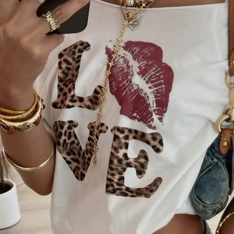 Women's Off-Shoulder T-Shirt with Lip Print and Leopard Letter Print or Leopard Star Print, Y2K Style Top Vintage Streetwear Inspired Fashion, Comfortable Fabric, Graphic Tee