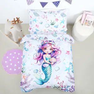 Toddler Bedding Set for Girls, 4 Piece Toddler Bedding Sets Purple Toddler Bed Comforter Set Includes Soft Reversible Comforter, Fitted Sheet, Flat Sheet, Envelope Pillowcase, Ocean Mermaid