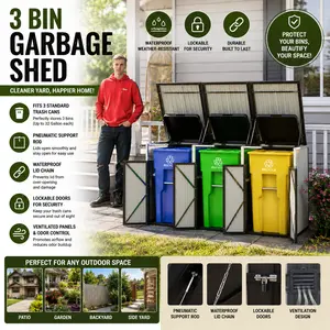 Garbage Bin Shed Stores 3 Trash Cans with Pneumatic Support Rod Lockable Doors Waterproof Lid Chains Heavy Duty Galvanized Steel Outside Enclosure Raccoon Proof Utility House for Patio Backyard Garden Grey