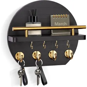 Key Holder for Wall - 9.8 Inch Apartment Wall Decor with Shelf and 8 Key Hooks, Circular Wood Key Hanger for Home Decor (Black with Golden Hooks)