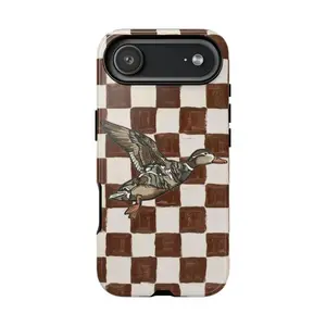 MagSafe/Tough Case Retro Duck Checkered Phone Case – Brown Vintage Aesthetic Duck Samsung S26 S25 S24 S23 S22 S21, Compatible with Iphone 11, 12, 13, 14, 15 16E  17 Pro Max and Pro Plus